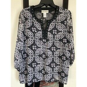 Cathy Daniel’s Blouse Women’s XL Floral Black Multi Color Rhinestones Neckline
